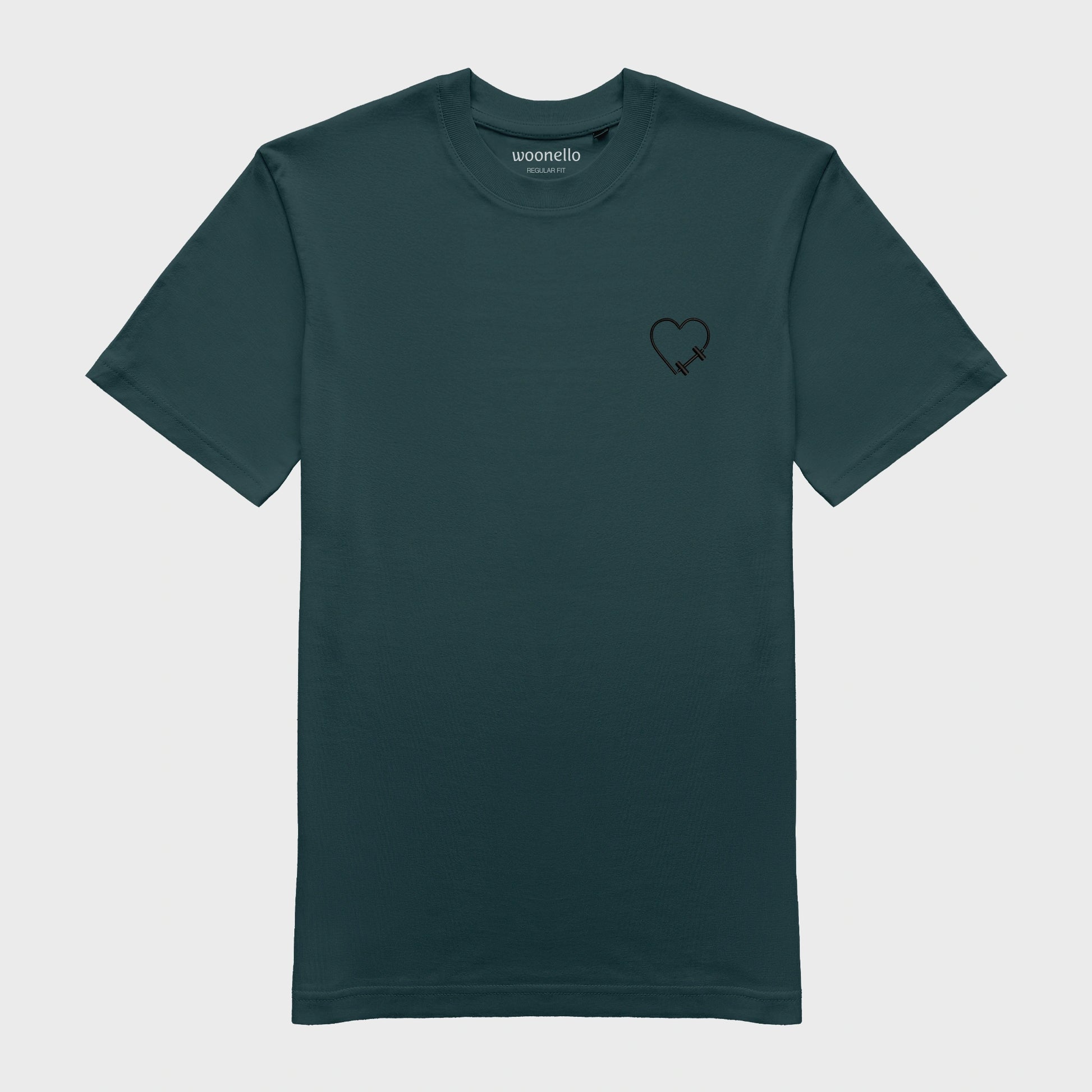 Unisex-T-Shirt petrol mit bestickter Brustpartie, Hantelmotiv in Herzform