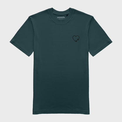 Unisex-T-Shirt petrol mit bestickter Brustpartie, Hantelmotiv in Herzform