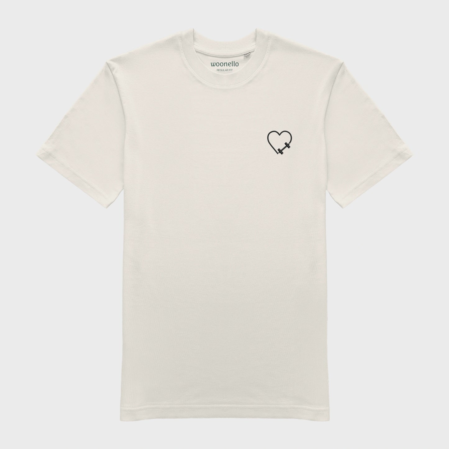 Unisex-T-Shirt cremeweiß mit bestickter Brustpartie, Hantelmotiv in Herzform