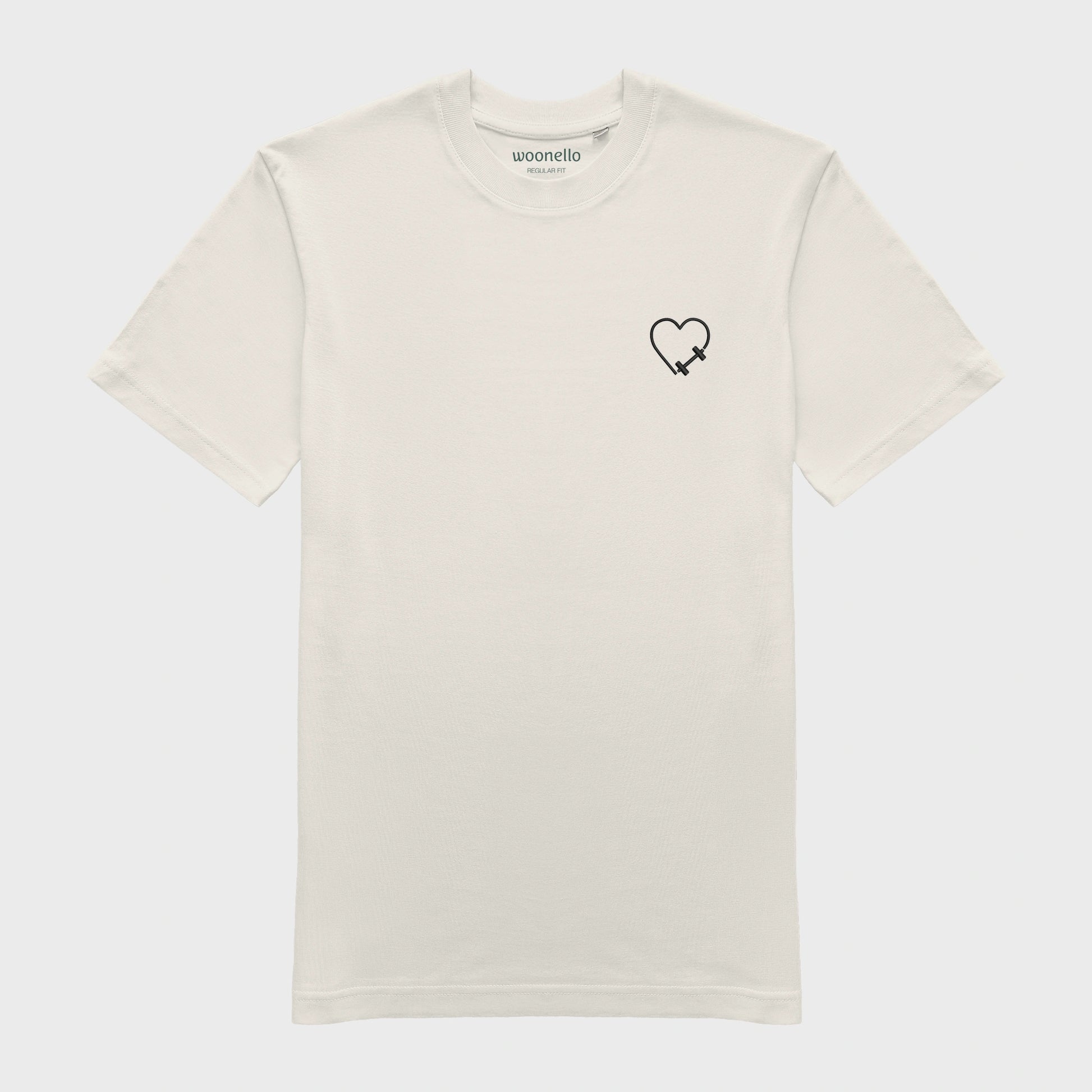 Unisex-T-Shirt cremeweiß mit bestickter Brustpartie, Hantelmotiv in Herzform