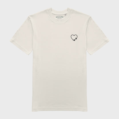 Unisex-T-Shirt cremeweiß mit bestickter Brustpartie, Hantelmotiv in Herzform