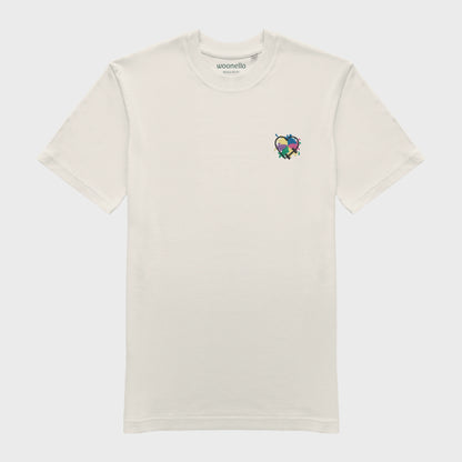 Unisex-T-Shirt cremeweiß mit bestickter Brustpartie, Hantelmotiv in Herzform auf mehrfarbigem Hintergrund