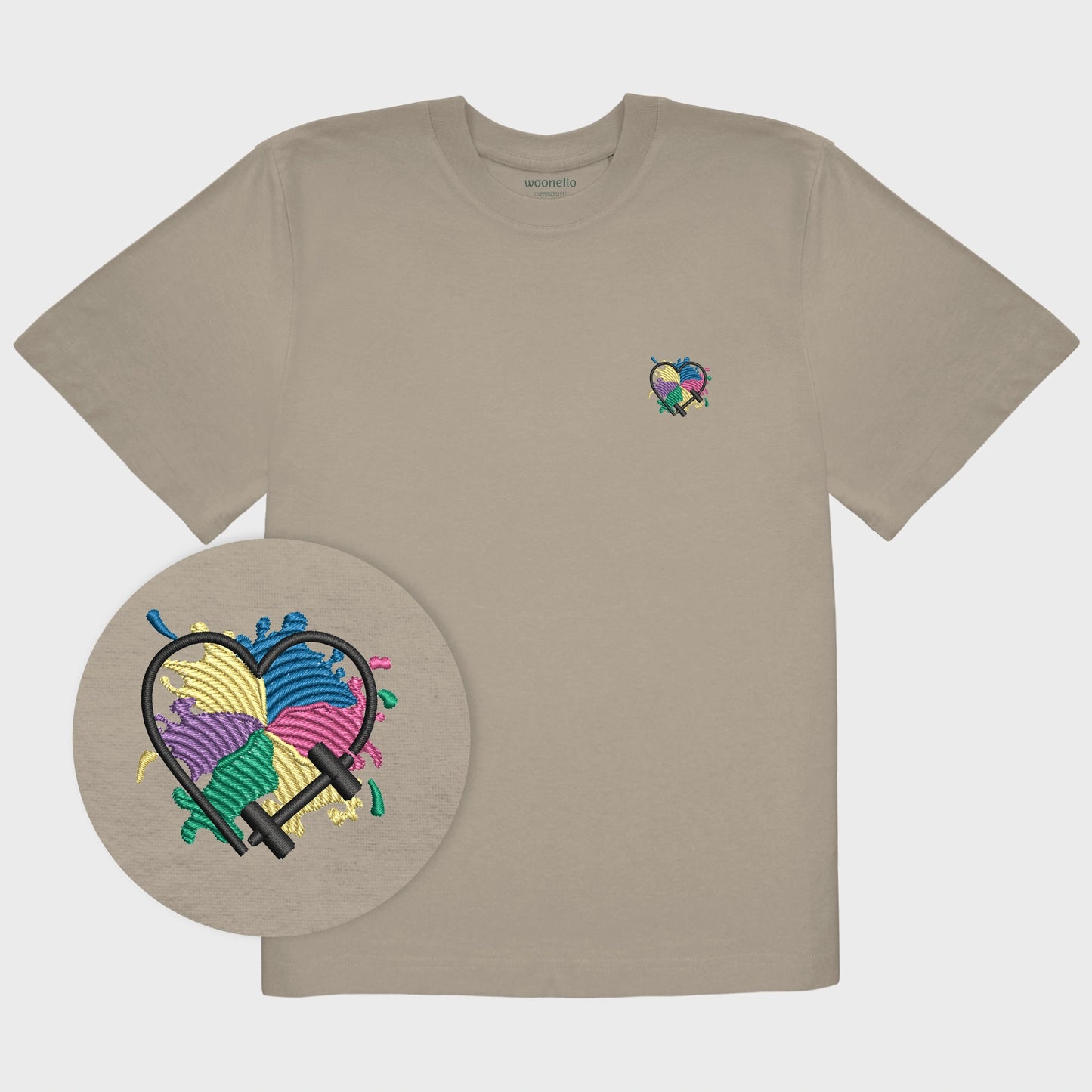 Unisex-T-Shirt Oversize mastic mit bestickter Brustpartie, Fokus auf Design, Hantelmotiv in Herzform auf mehrfarbigem Hintergrund