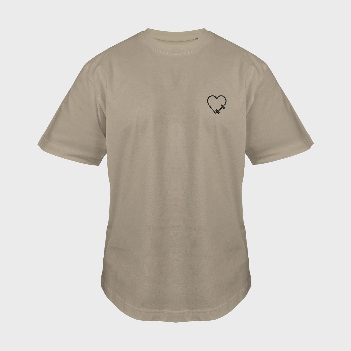 Unisex-T-Shirt Oversize mastic mit bestickter Brustpartie, Hantelmotiv in Herzform, vorderansicht mann