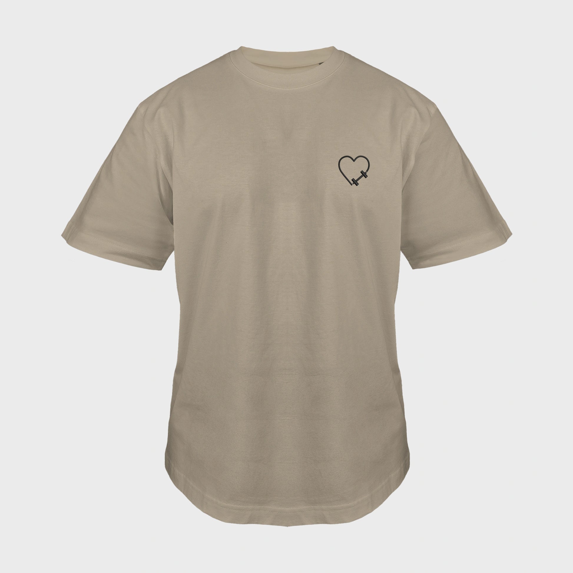 Unisex-T-Shirt Oversize mastic mit bestickter Brustpartie, Hantelmotiv in Herzform, vorderansicht mann