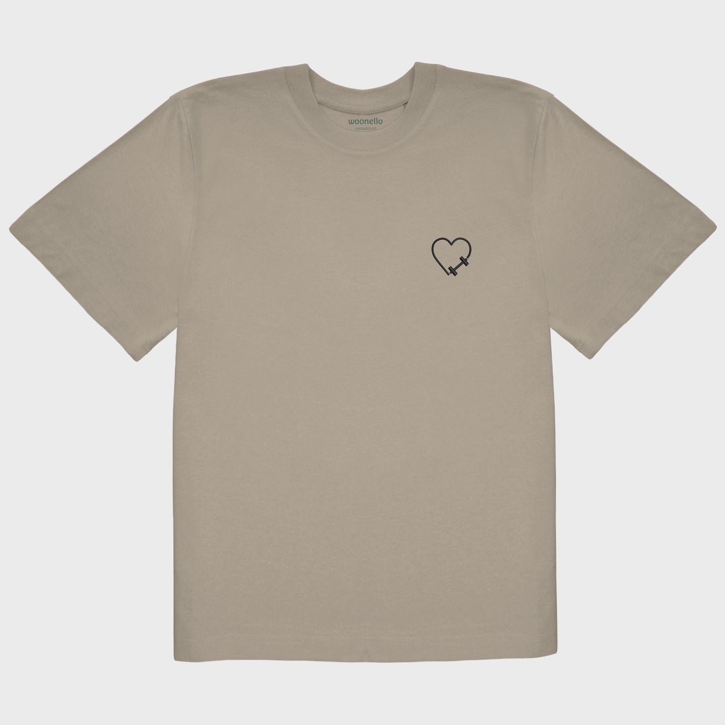 Unisex-T-Shirt Oversize mastic mit bestickter Brustpartie, Hantelmotiv in Herzform