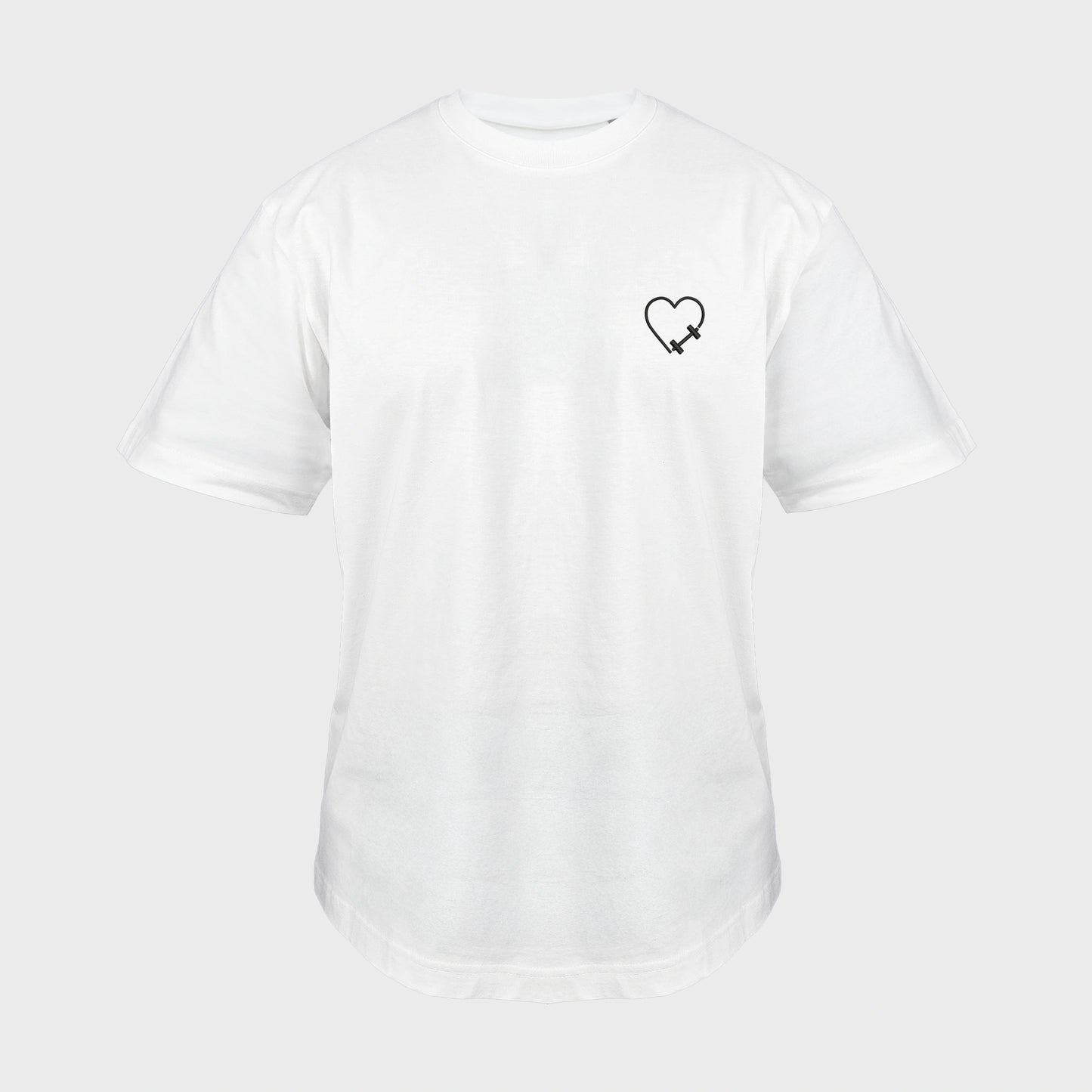 Unisex-T-Shirt Oversize weiß mit bestickter Brustpartie, Hantelmotiv in Herzform, vorderansicht mann
