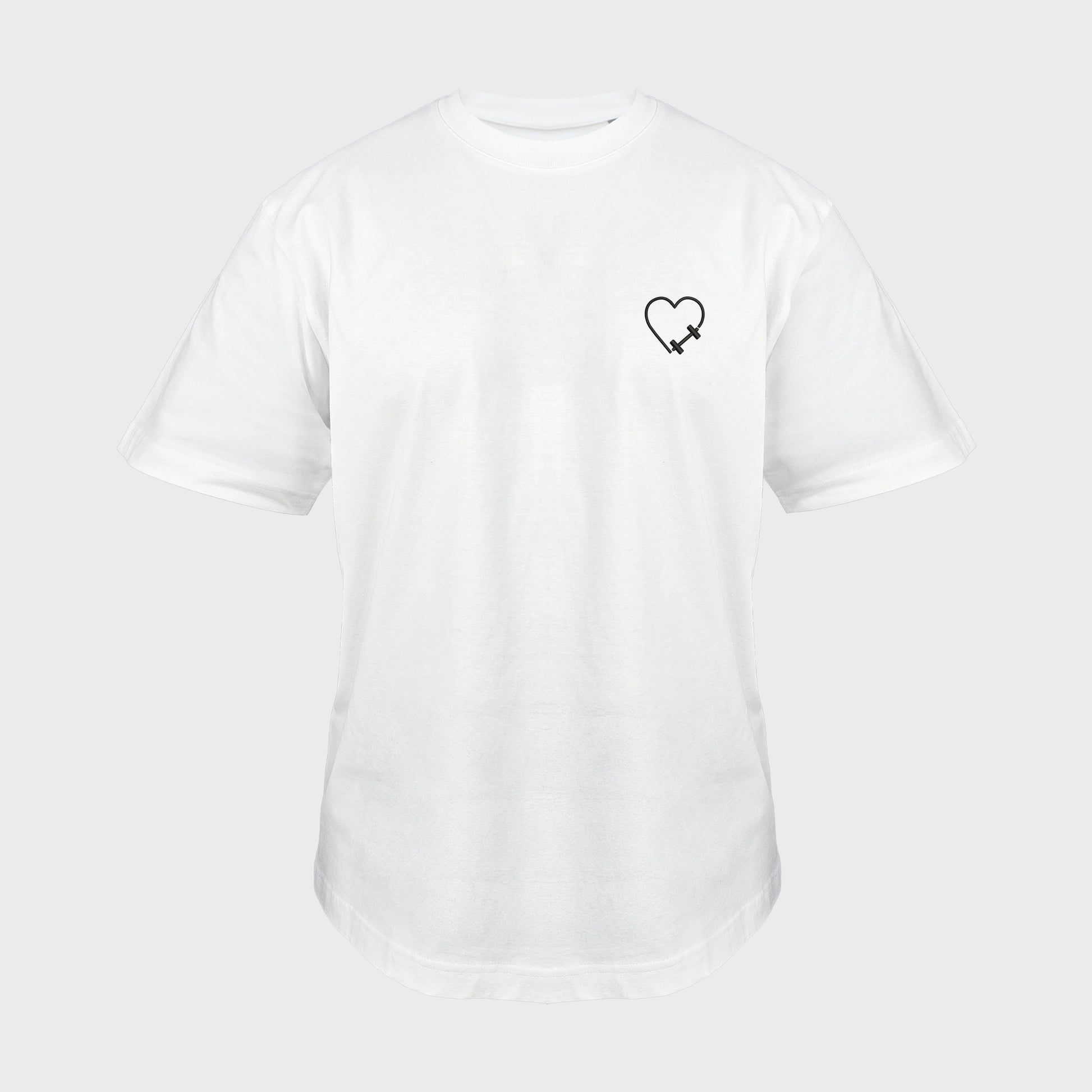 Unisex-T-Shirt Oversize weiß mit bestickter Brustpartie, Hantelmotiv in Herzform, vorderansicht mann