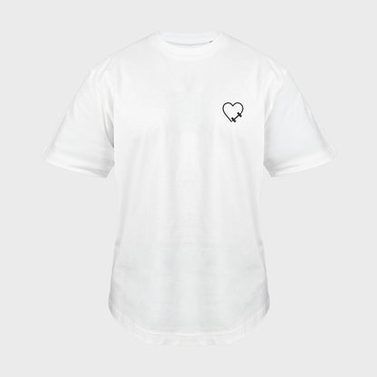 Unisex-T-Shirt Oversize weiß mit bestickter Brustpartie, Hantelmotiv in Herzform, vorderansicht mann