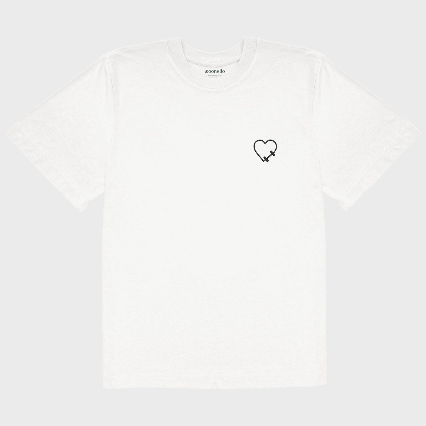 Unisex-T-Shirt Oversize weiß mit bestickter Brustpartie, Hantelmotiv in Herzform