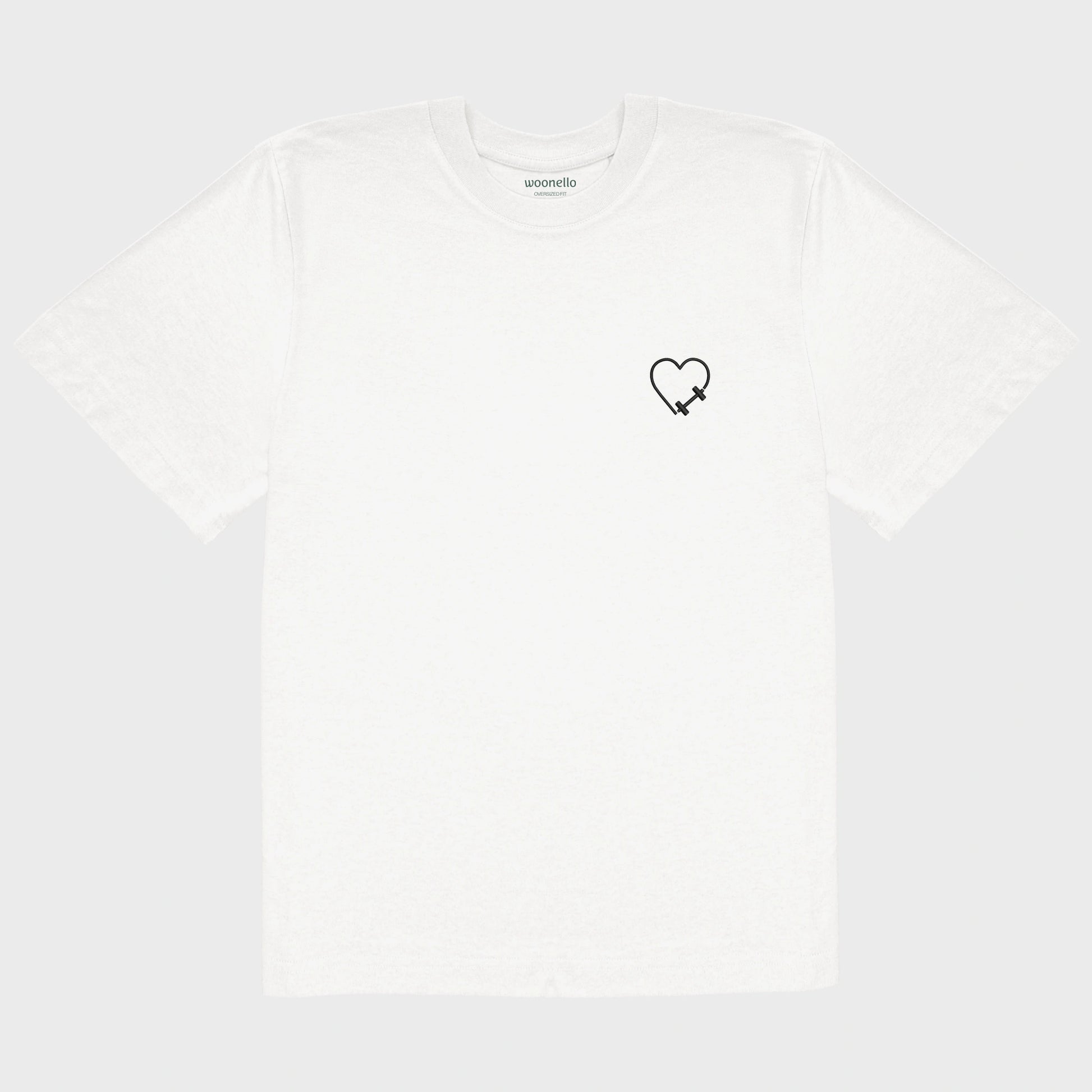 Unisex-T-Shirt Oversize weiß mit bestickter Brustpartie, Hantelmotiv in Herzform