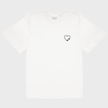 Unisex-T-Shirt Oversize weiß mit bestickter Brustpartie, Hantelmotiv in Herzform