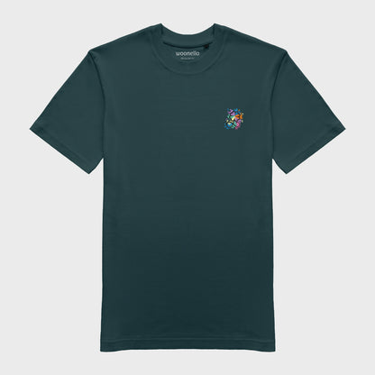 Unisex-T-Shirt petrol mit bestickter Brustpartie, Kleeblatt-Infinity-Logo im mehrfarbigen Farbspritzer-Design