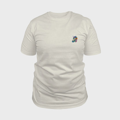 Unisex-T-Shirt cremeweiß mit bestickter Brustpartie, Kleeblatt-Infinity-Logo im mehrfarbigen Farbspritzer-Design, vorderansicht mann