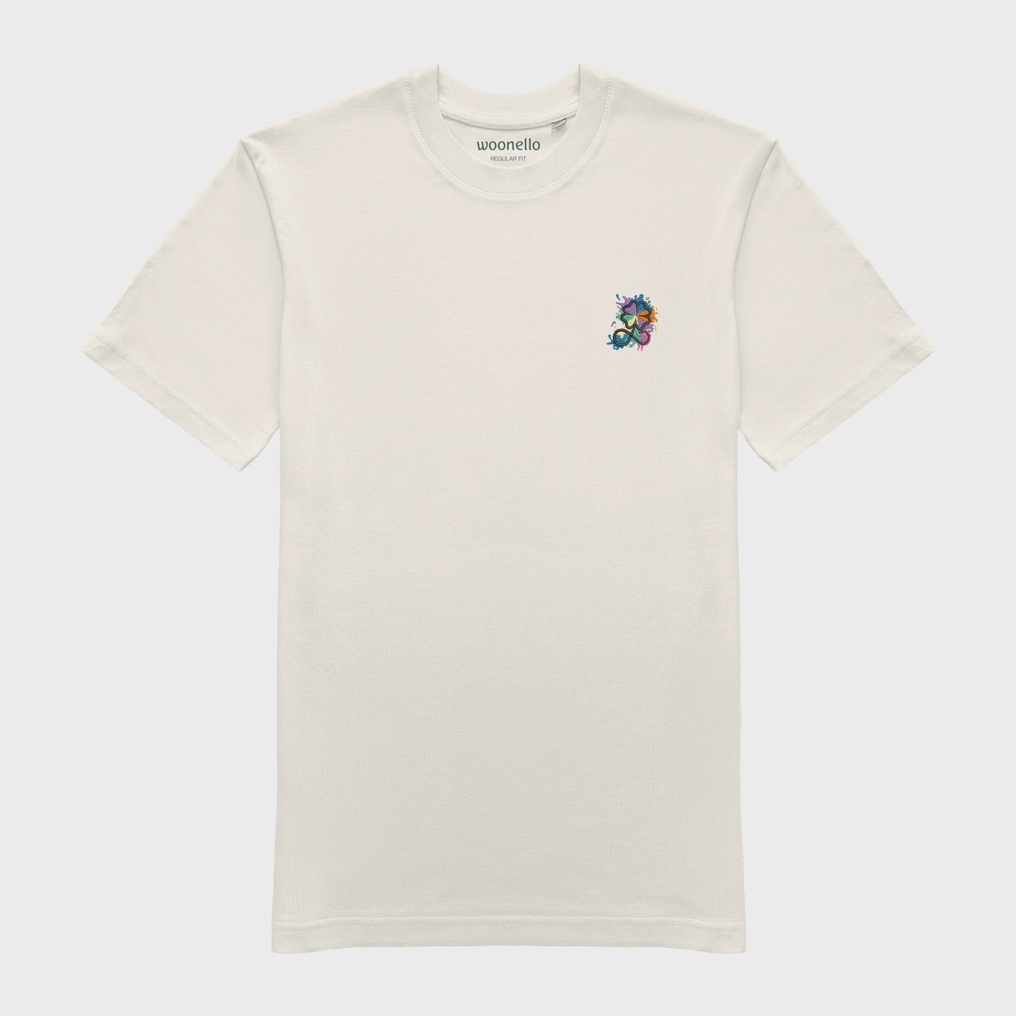 Unisex-T-Shirt cremeweiß mit bestickter Brustpartie, Kleeblatt-Infinity-Logo im mehrfarbigen Farbspritzer-Design