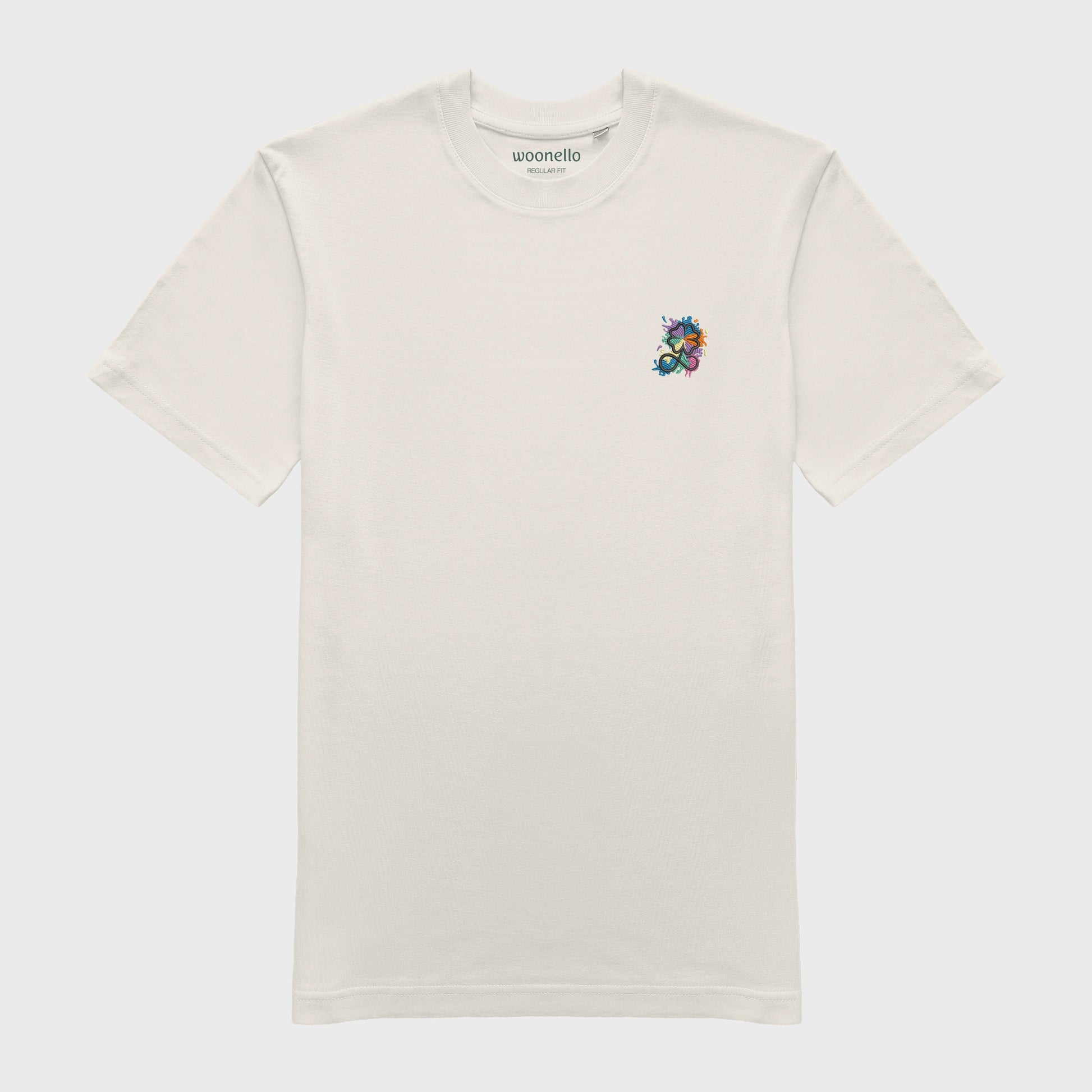 Unisex-T-Shirt cremeweiß mit bestickter Brustpartie, Kleeblatt-Infinity-Logo im mehrfarbigen Farbspritzer-Design