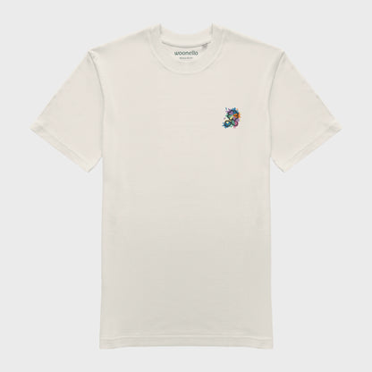 Unisex-T-Shirt cremeweiß mit bestickter Brustpartie, Kleeblatt-Infinity-Logo im mehrfarbigen Farbspritzer-Design