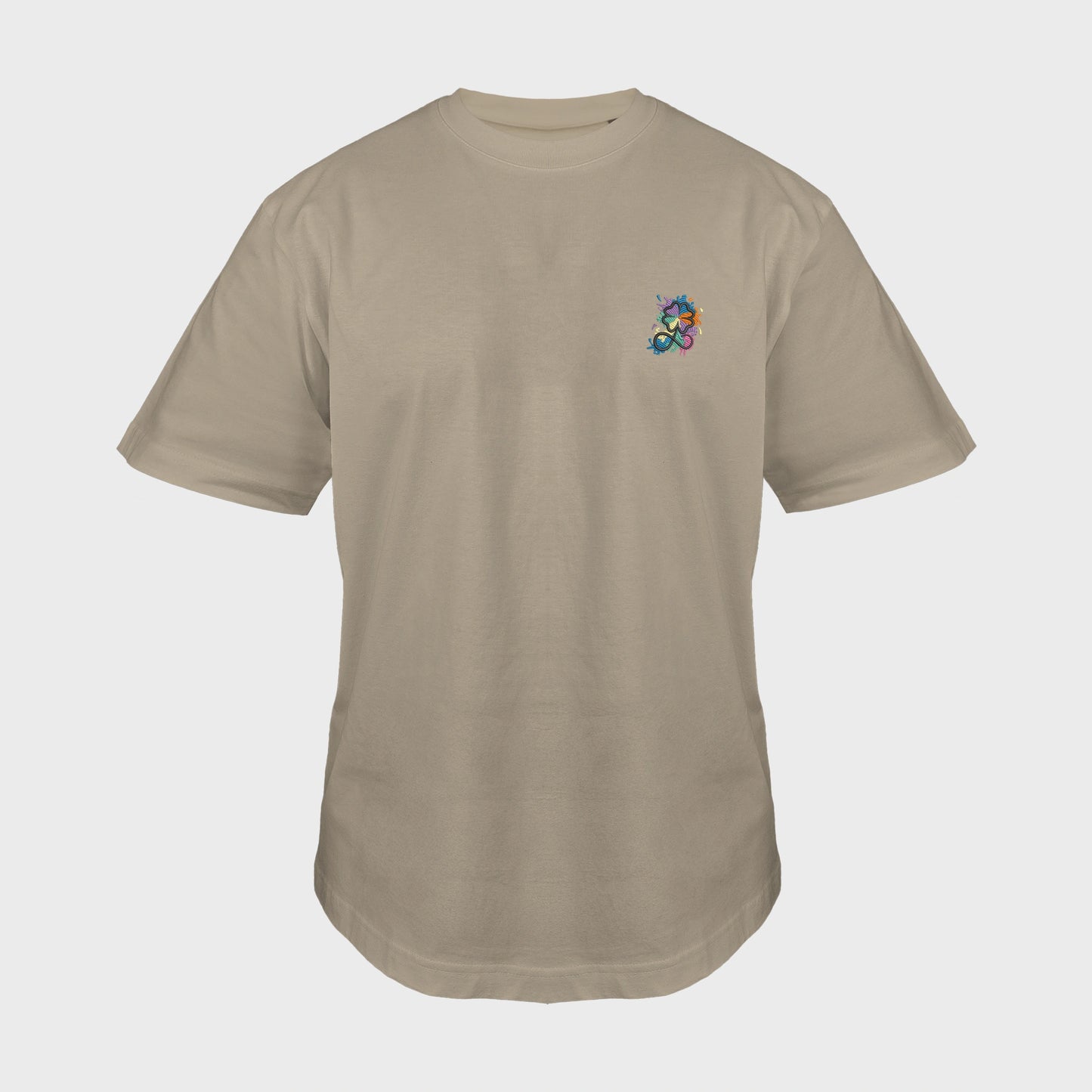 Unisex-T-Shirt Oversize mastic mit bestickter Brustpartie, Kleeblatt-Infinity-Logo im mehrfarbigen Farbspritzer-Design, vorderansicht mann