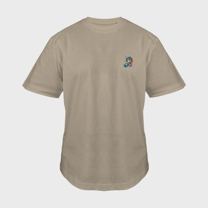 Unisex-T-Shirt Oversize mastic mit bestickter Brustpartie, Kleeblatt-Infinity-Logo im mehrfarbigen Farbspritzer-Design, vorderansicht mann