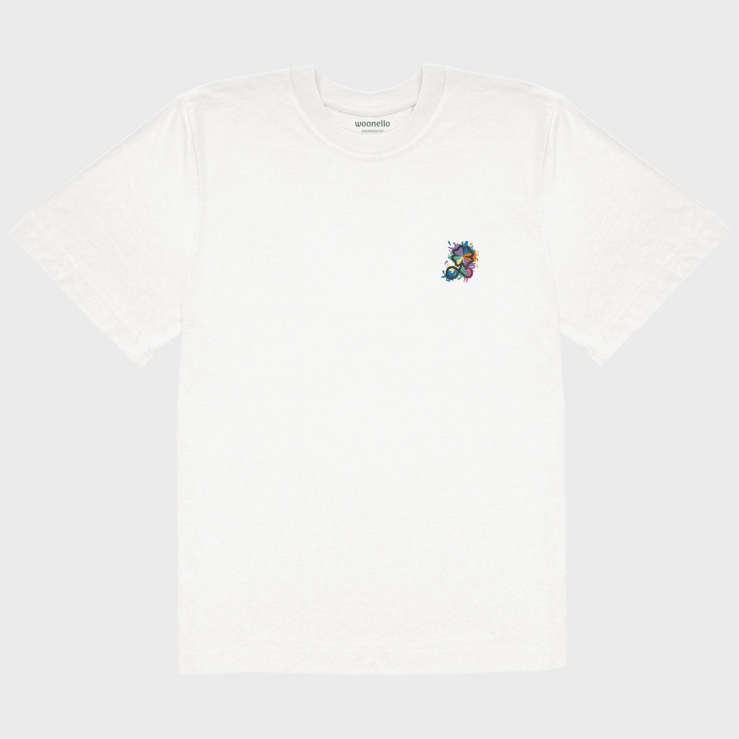Unisex-T-Shirt Oversize weiß mit bestickter Brustpartie, Kleeblatt-Infinity-Logo im mehrfarbigen Farbspritzer-Design