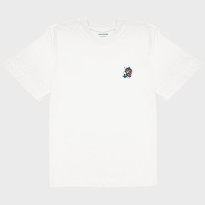 Unisex-T-Shirt Oversize weiß mit bestickter Brustpartie, Kleeblatt-Infinity-Logo im mehrfarbigen Farbspritzer-Design