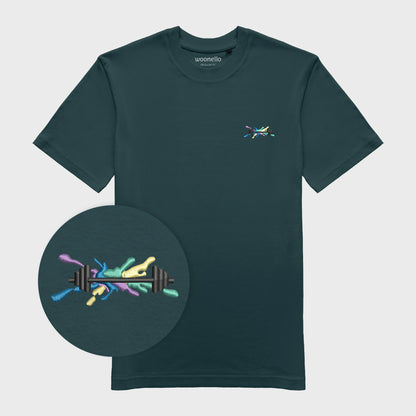 Unisex amalfi teal T-shirt with embroidered chest design, focus on design, dumbbell illustration with bold lines on multicolored graphic composition