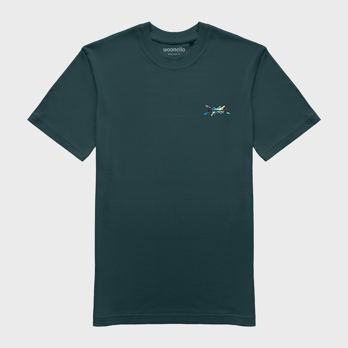 Unisex amalfi teal T-shirt with embroidered chest design, dumbbell illustration with bold lines on multicolored graphic composition