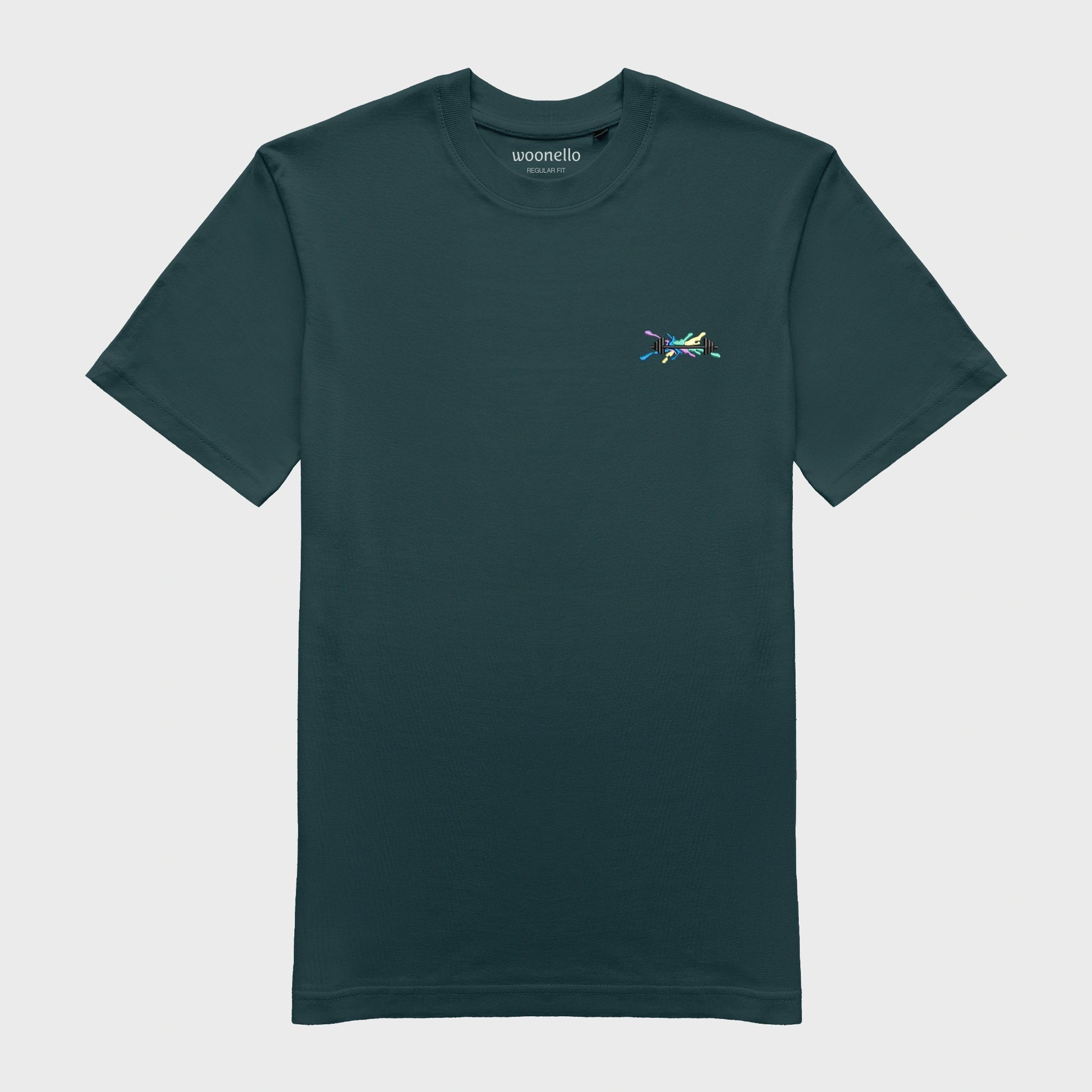 Unisex amalfi teal T-shirt with embroidered chest design, dumbbell illustration with bold lines on multicolored graphic composition