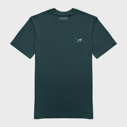 Unisex amalfi teal T-shirt with embroidered chest design, dumbbell illustration with bold lines on multicolored graphic composition