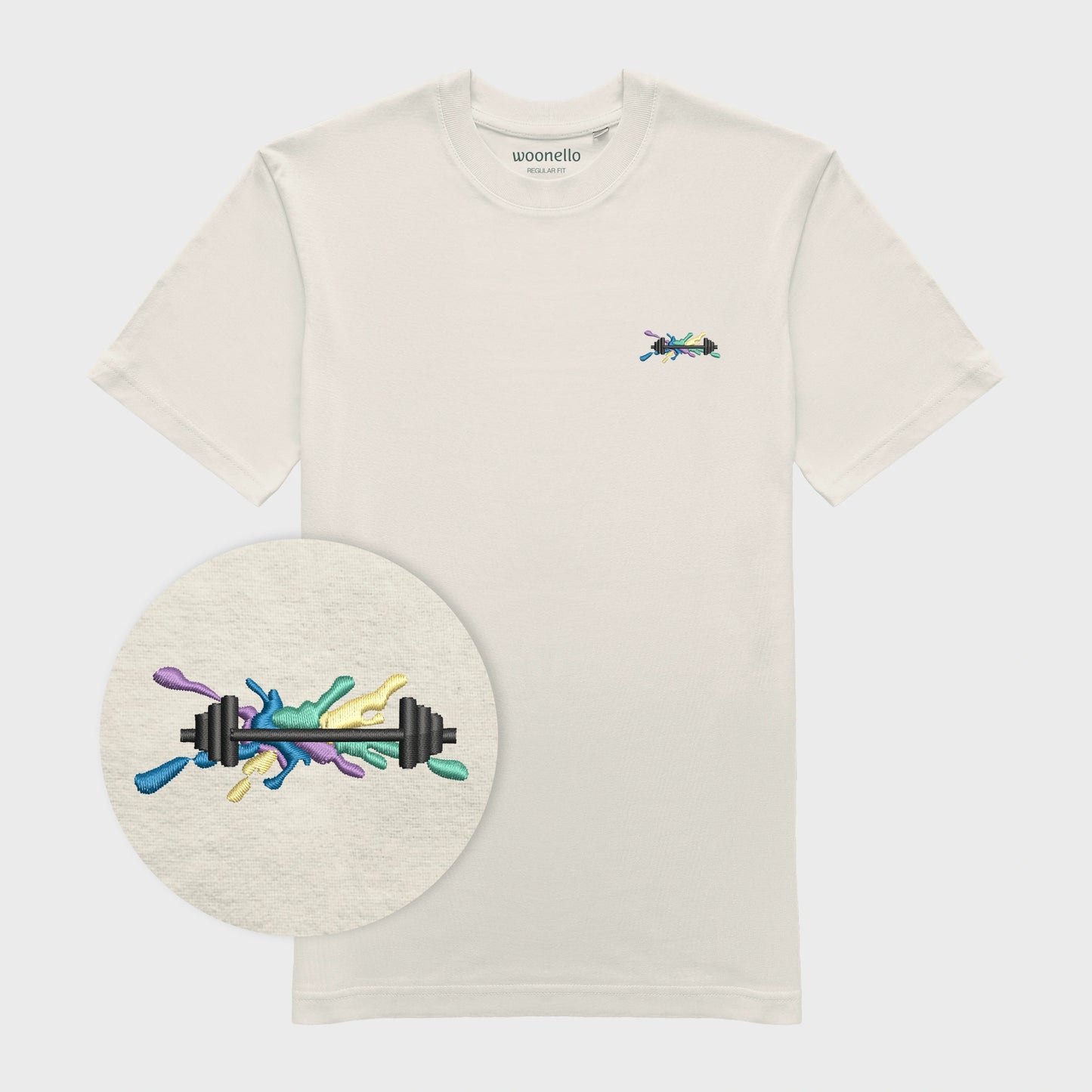 Unisex off white T-shirt with embroidered chest design, focus on design, dumbbell illustration with bold lines on multicolored graphic composition