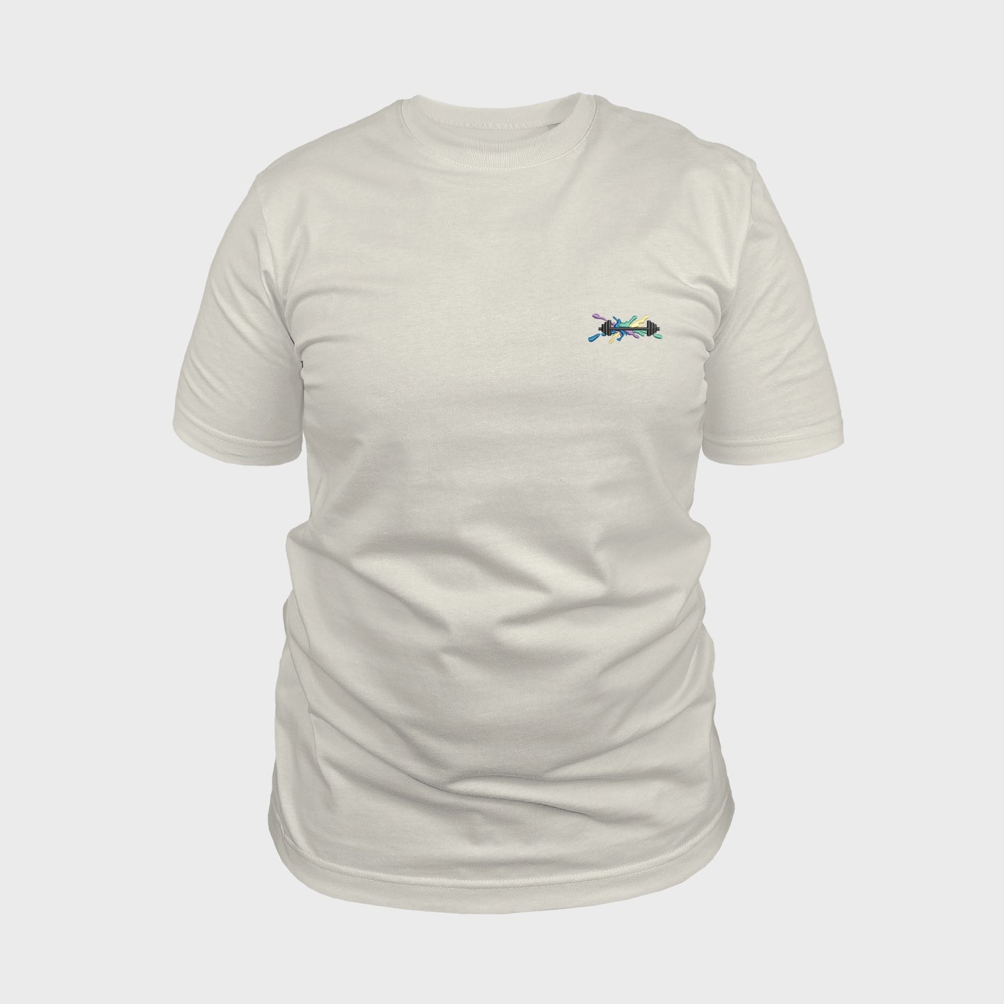 Unisex off white T-shirt with embroidered chest design, dumbbell illustration with bold lines on multicolored graphic composition, front view man