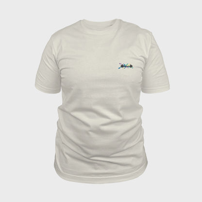 Unisex off white T-shirt with embroidered chest design, dumbbell illustration with bold lines on multicolored graphic composition, front view man