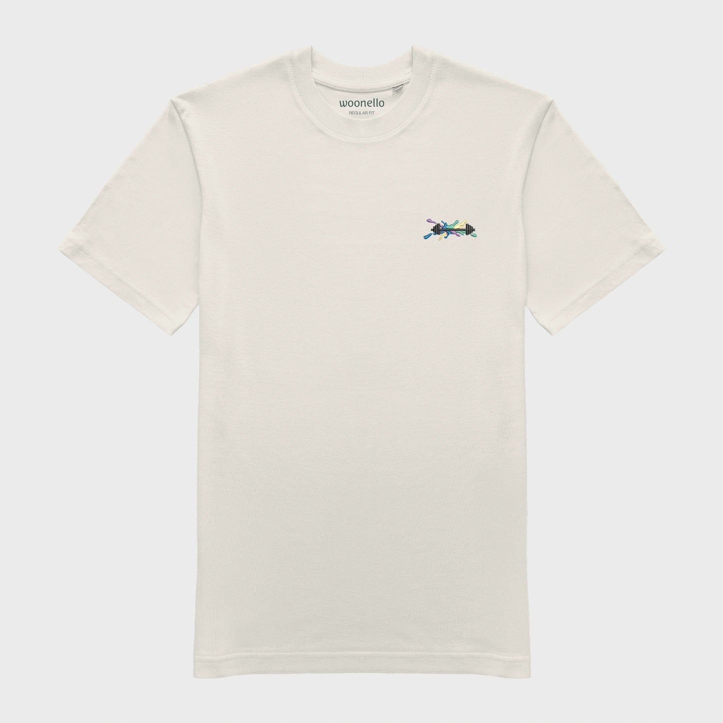 Unisex off white T-shirt with embroidered chest design, dumbbell illustration with bold lines on multicolored graphic composition