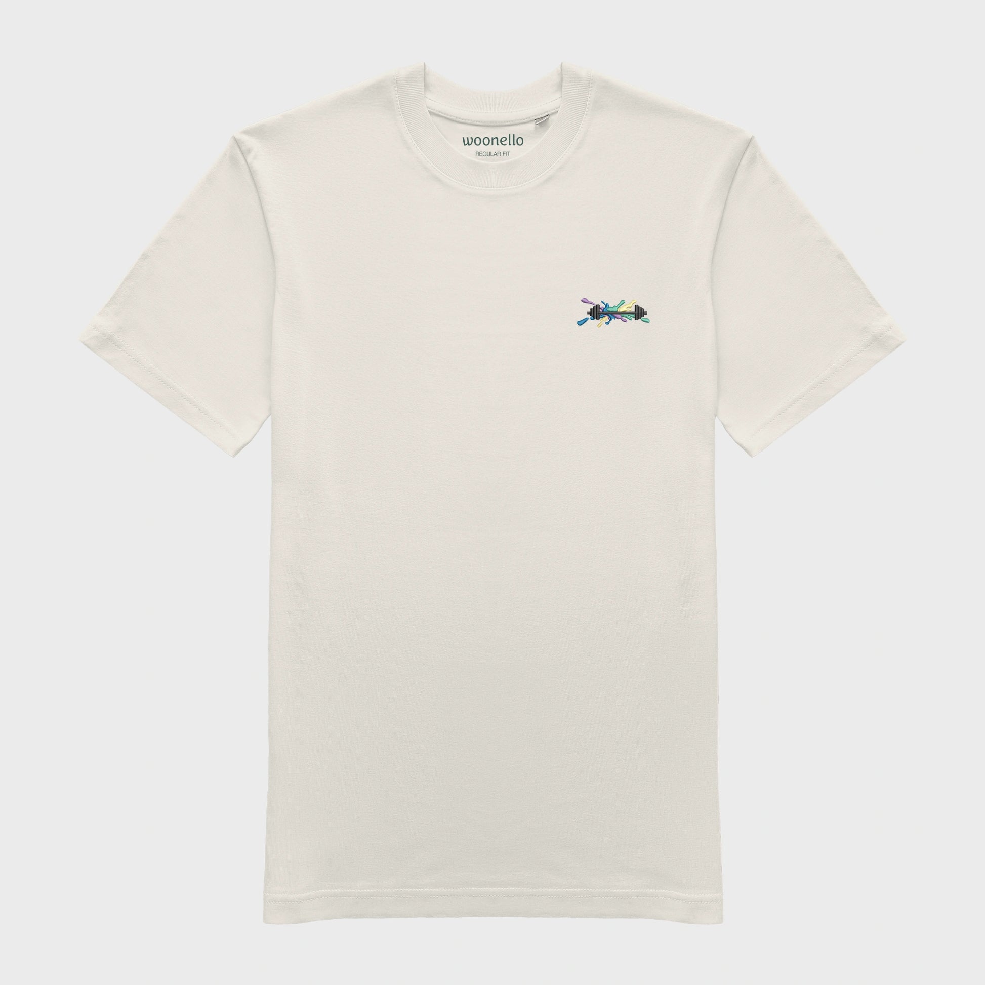 Unisex off white T-shirt with embroidered chest design, dumbbell illustration with bold lines on multicolored graphic composition