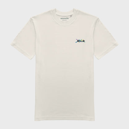 Unisex off white T-shirt with embroidered chest design, dumbbell illustration with bold lines on multicolored graphic composition