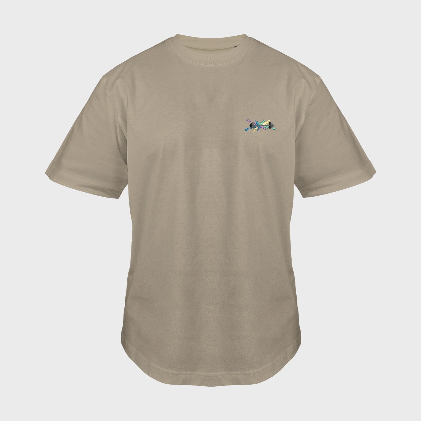 Unisex-T-Shirt Oversize mastic mit bestickter Brustpartie, Hantelillustration auf mehrfarbiger Grafikkomposition, vorderansicht mann