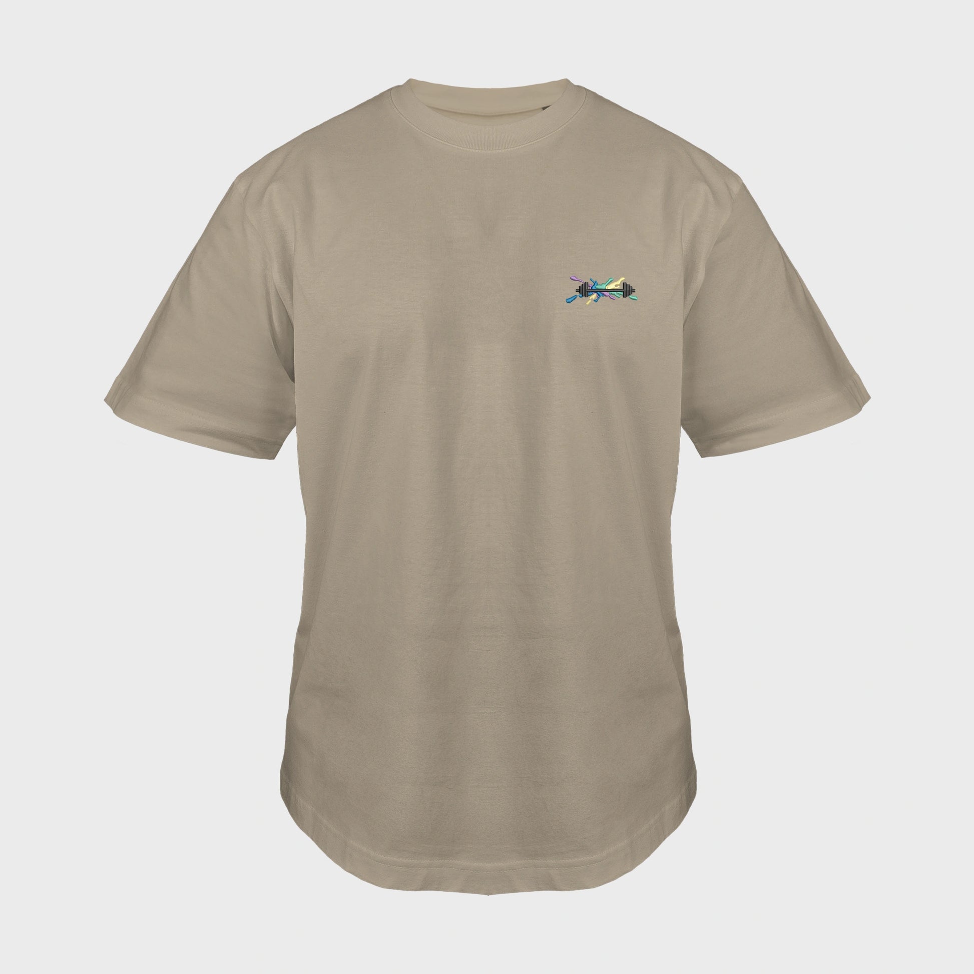 Unisex-T-Shirt Oversize mastic mit bestickter Brustpartie, Hantelillustration auf mehrfarbiger Grafikkomposition, vorderansicht mann