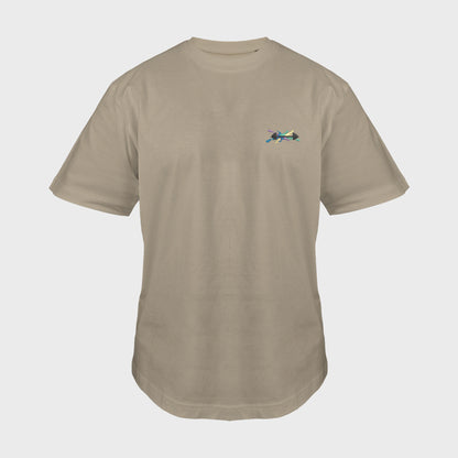 Unisex-T-Shirt Oversize mastic mit bestickter Brustpartie, Hantelillustration auf mehrfarbiger Grafikkomposition, vorderansicht mann
