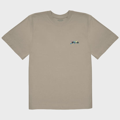 Unisex-T-Shirt Oversize mastic mit bestickter Brustpartie, Hantelillustration auf mehrfarbiger Grafikkomposition