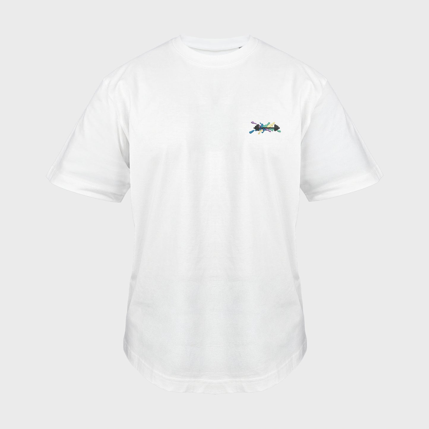Unisex-T-Shirt Oversize weiß mit bestickter Brustpartie, Hantelillustration auf mehrfarbiger Grafikkomposition, vorderansicht mann