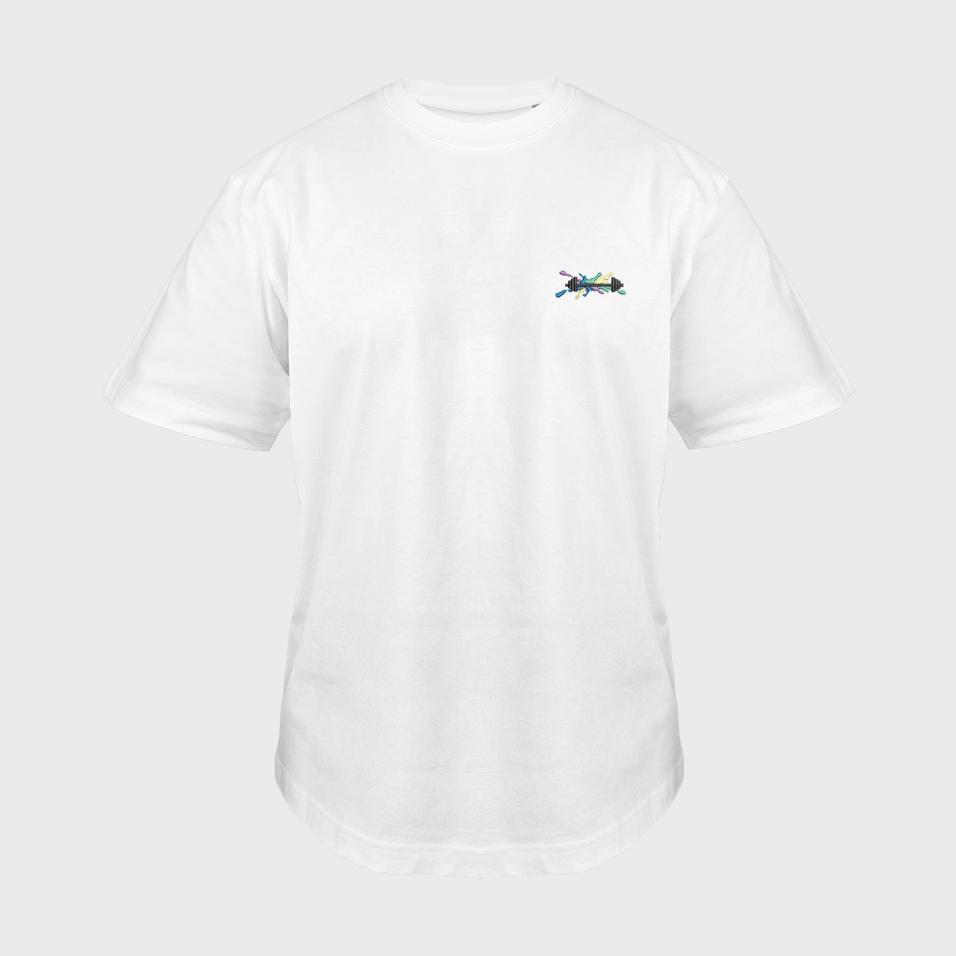 Unisex-T-Shirt Oversize weiß mit bestickter Brustpartie, Hantelillustration auf mehrfarbiger Grafikkomposition, vorderansicht mann