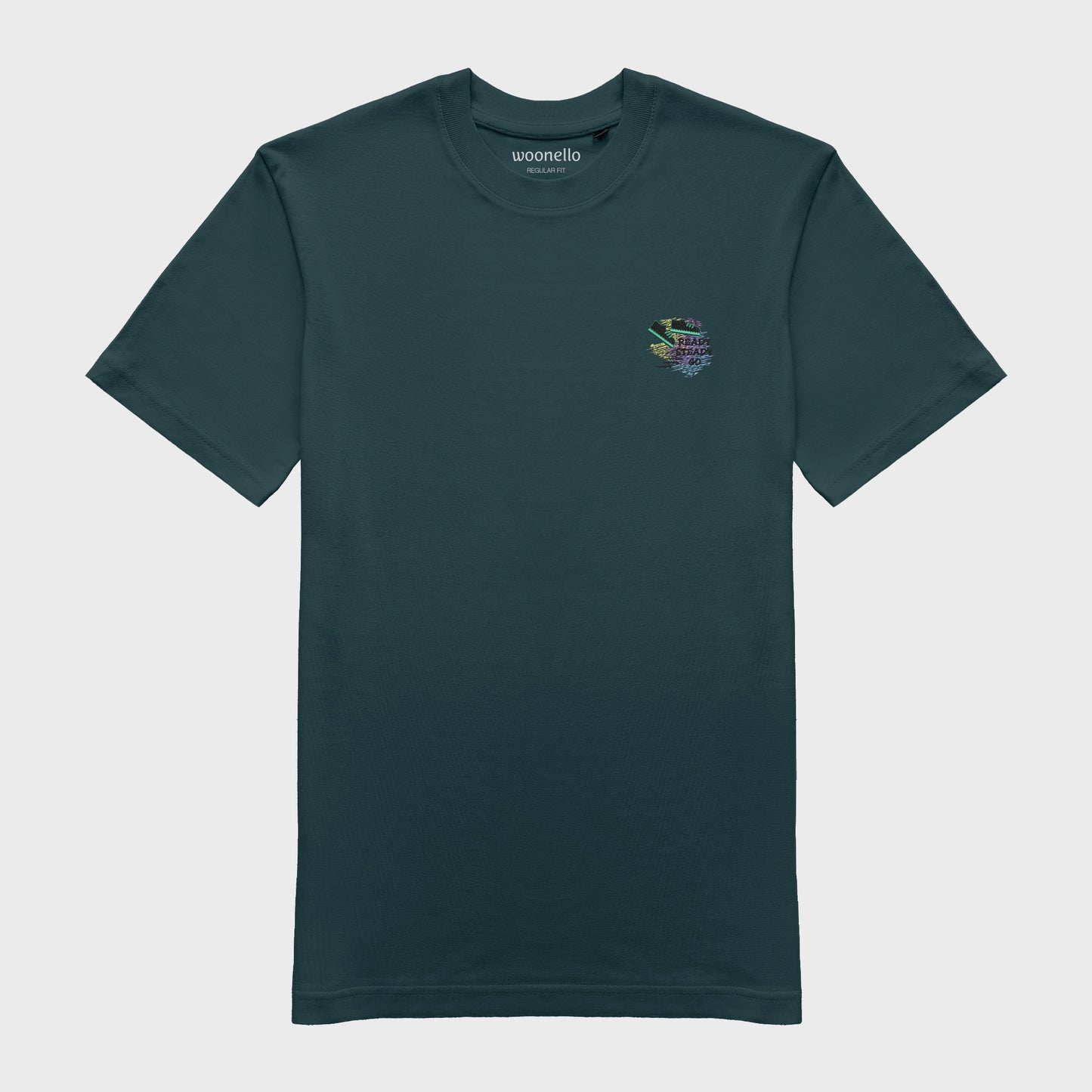 Unisex-T-Shirt petrol mit bestickter Brustpartie, Umrisszeichnung eines Sneakers mit Bewegungslinien im Hintergrund