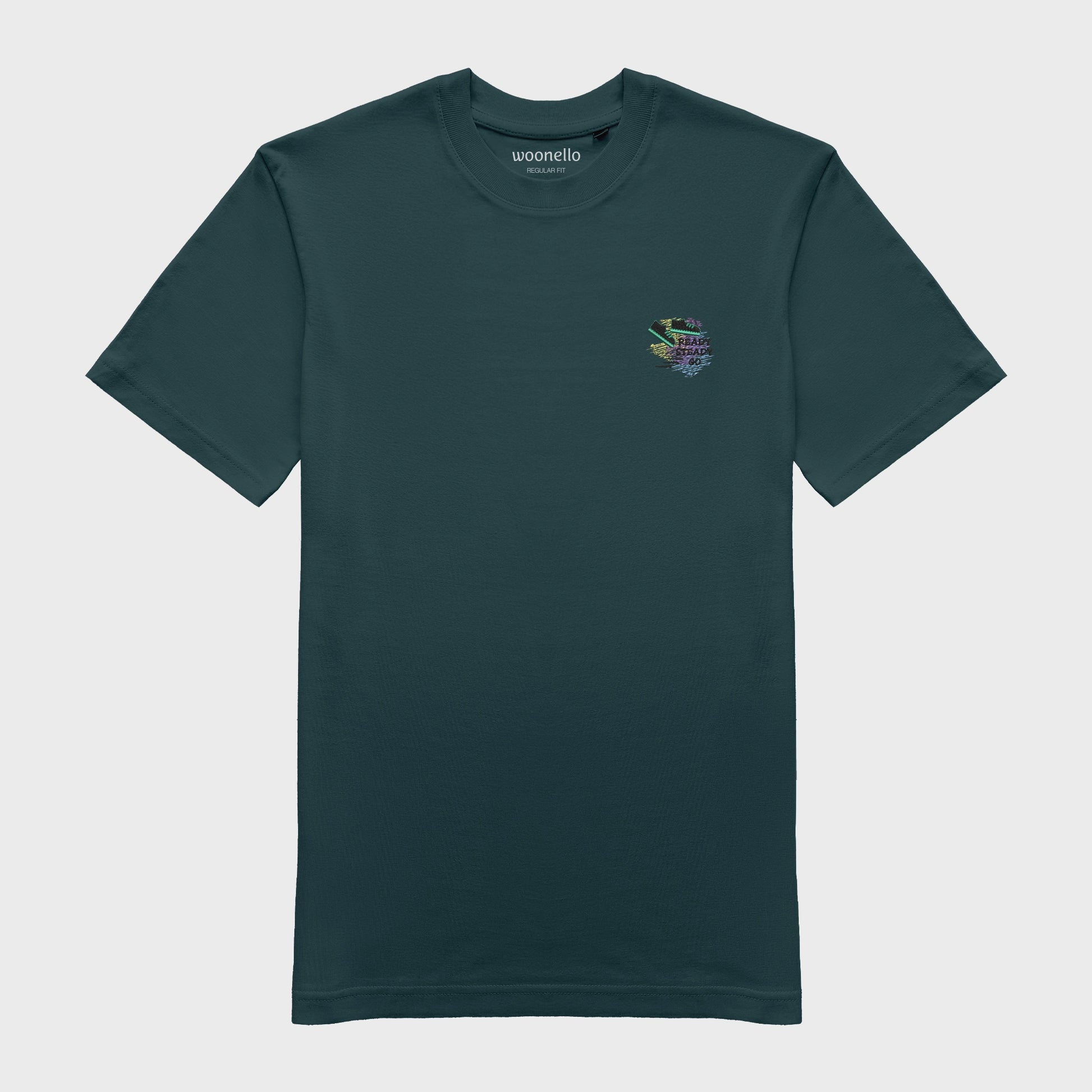 Unisex-T-Shirt petrol mit bestickter Brustpartie, Umrisszeichnung eines Sneakers mit Bewegungslinien im Hintergrund