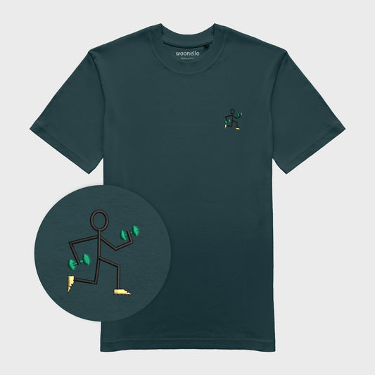 Unisex-T-Shirt petrol mit bestickter Brustpartie, Fokus auf Design, einfache Strichzeichnung einer rennenden Strichmännchenfigur mit Hanteln