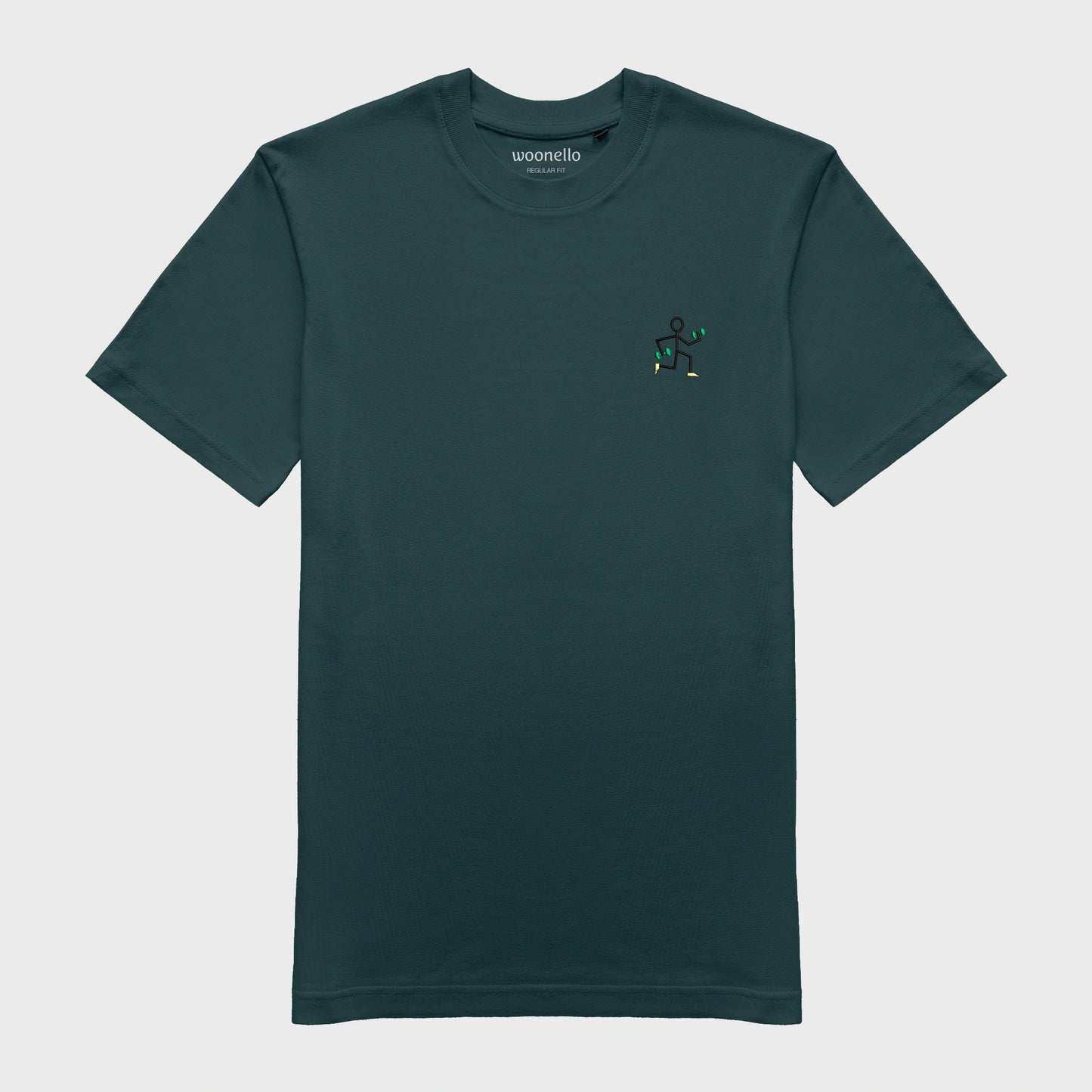Unisex amalfi teal T-shirt with embroidered chest design, simple line drawing of a running stick figure holding dumbbells