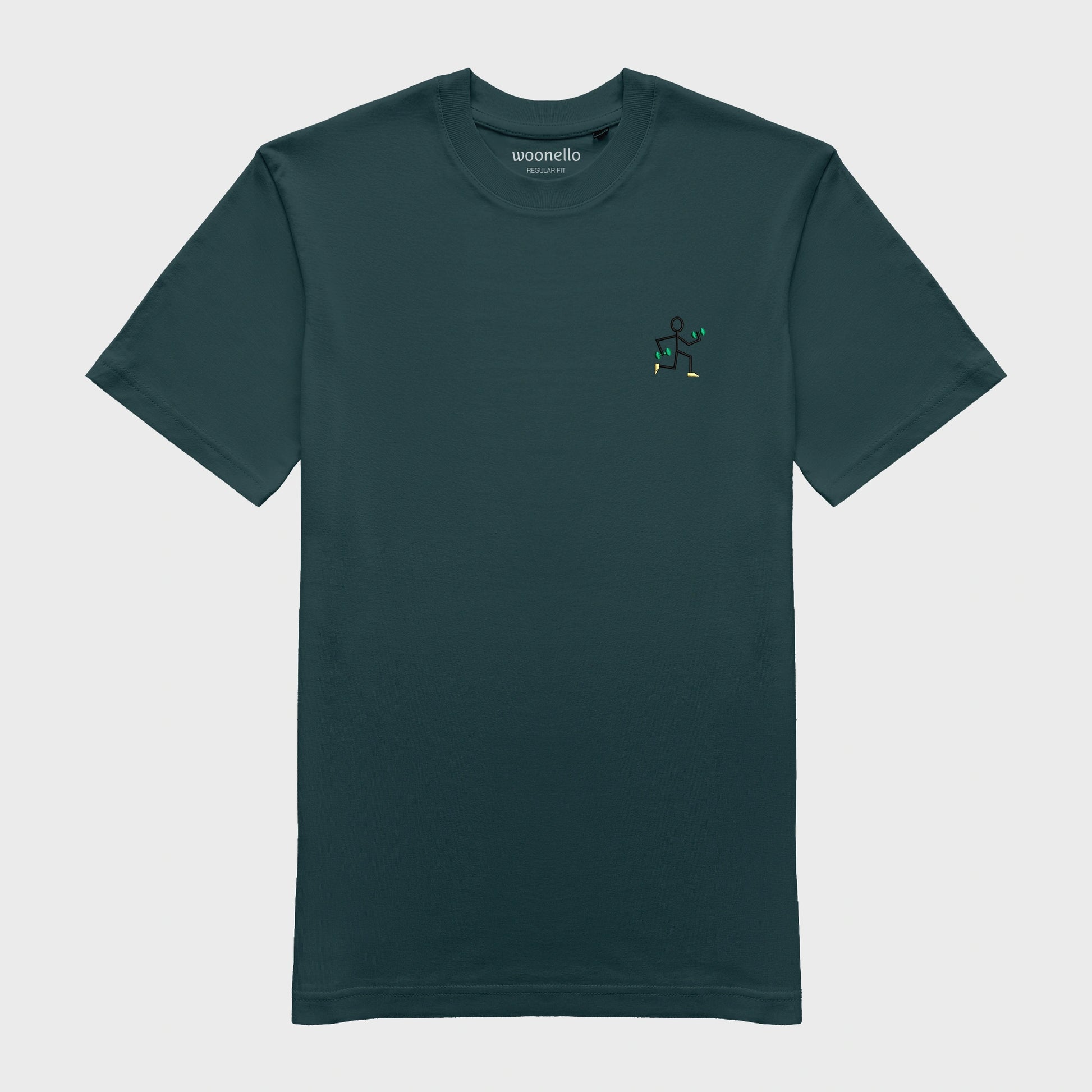 Unisex amalfi teal T-shirt with embroidered chest design, simple line drawing of a running stick figure holding dumbbells