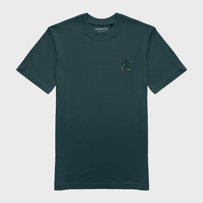 Unisex amalfi teal T-shirt with embroidered chest design, simple line drawing of a running stick figure holding dumbbells