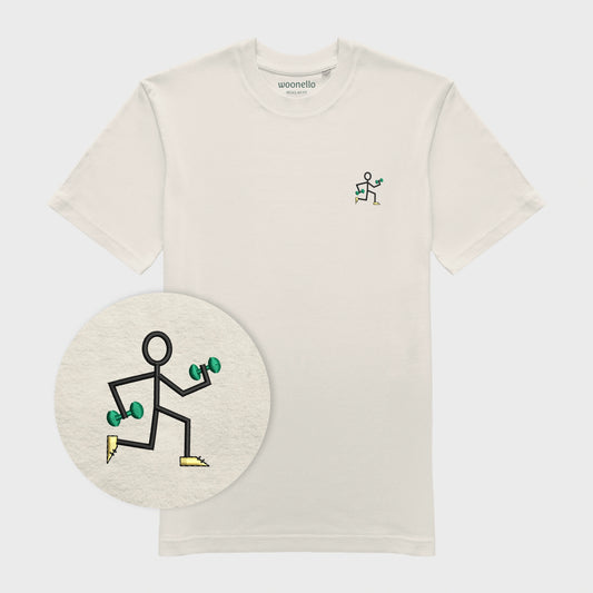 Unisex-T-Shirt cremeweiß mit bestickter Brustpartie, Fokus auf Design, einfache Strichzeichnung einer rennenden Strichmännchenfigur mit Hanteln