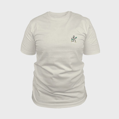 Unisex off white T-shirt with embroidered chest design, simple line drawing of a running stick figure holding dumbbells, front view man