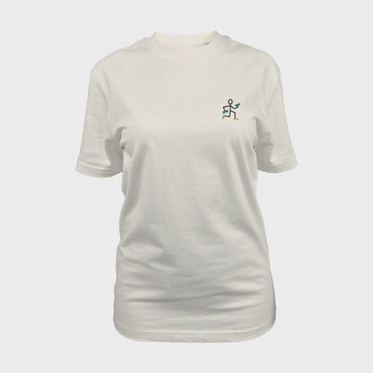 Unisex off white T-shirt with embroidered chest design, simple line drawing of a running stick figure holding dumbbells, front view woman